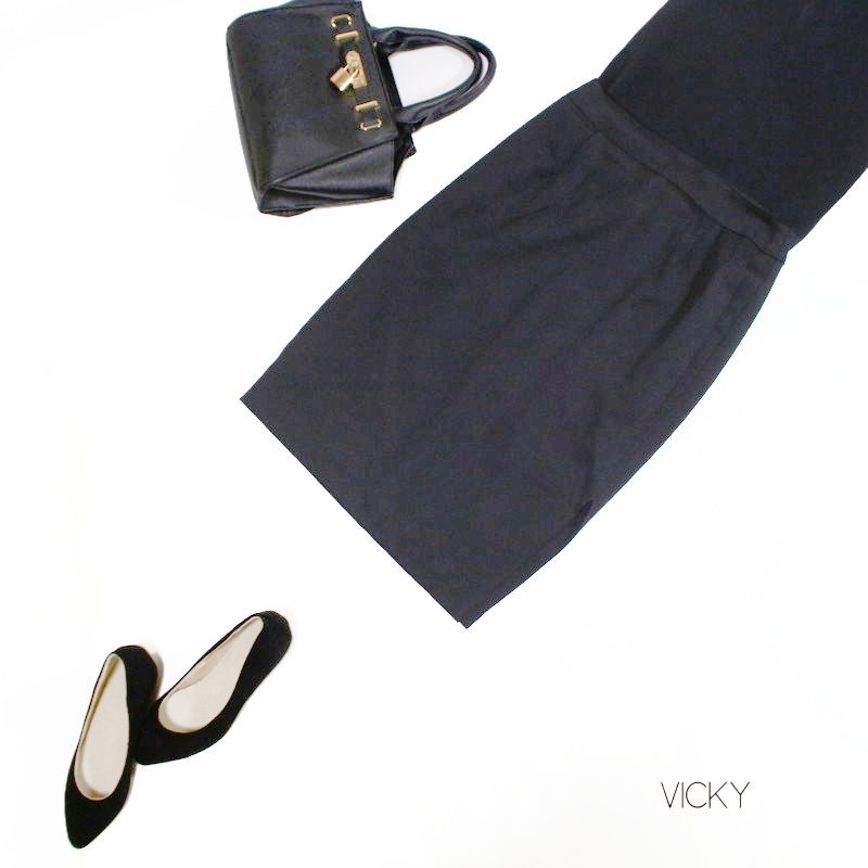 美品 ビッキー VICKY ウール混合 秋 冬 細身 綺麗ライン ハリ しっかり 膝下丈 スーツスカート タイトスカート 7号 ブラック 黒 ビジネス拍卖