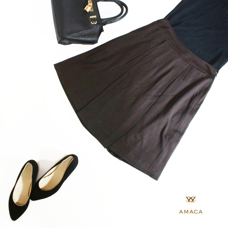 美品 アマカ AMACA 株) 三陽商会 ■ 上品 秋 冬 シルク混合 ほんのり艶 ジャージ― ニット Aライン フレアスカート 36 7号 ダークブラウン拍卖