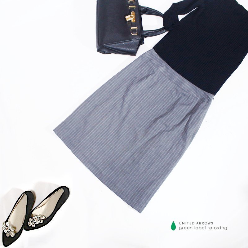 美品 ユナイテッドアローズ グリーンレーベルリラクシング 合物 ウール混合 ストライプ柄 スーツ タイトスカート 36 7号 グレー ビジネス拍卖