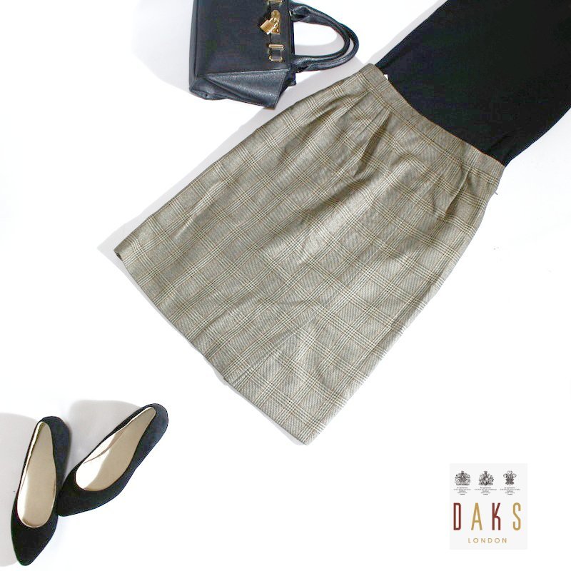 美品 DAKS ダックス ■ 秋 冬 チェック柄 毛100% ウールスカート タイトスカート 11号 ベージュブラウン グレイッシュ 厚みあり拍卖