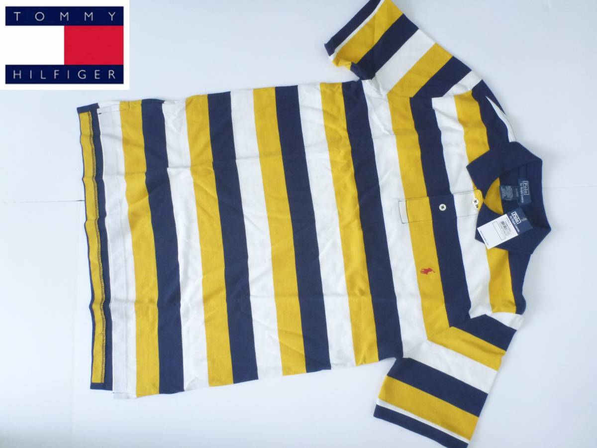 新品 ポロ ラルフローレン★紺×白×黄色 ボーダー ロゴ刺繍 半袖ポロシャツ S相当拍卖