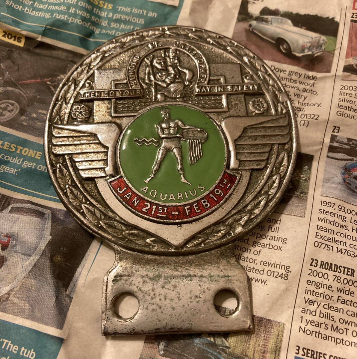 ST.CHRISTOPHER CAR BADGE starsign Aquarius J.R.GAUNT DESMO Vanden Plas MINI VESPA LAMBRETTA Les Leston AA ベスパ ランブレッタ 星座拍卖