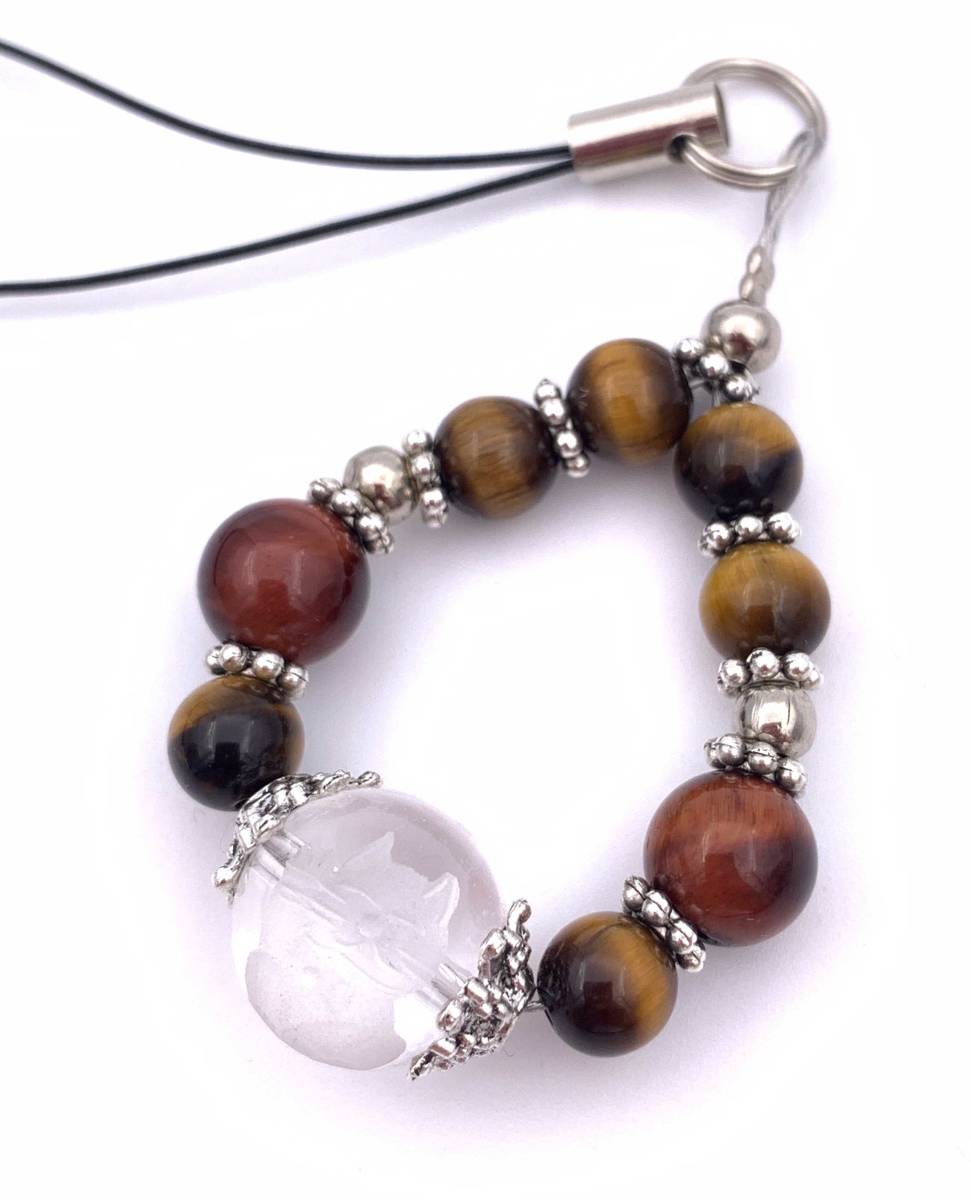 天然石彫り水晶☆招き猫&タイガーアイ&レッドタイガーアイのストラップ拍卖
