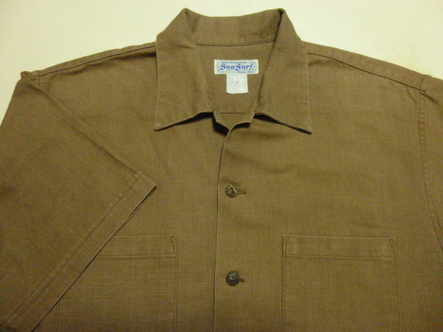 美品 Sun Surf オープンカラーシャツ サイズL 茶色無地 裾全周にパイナップルがデザイン 粗目のダンガリー生地 東洋エンタープライズ拍卖