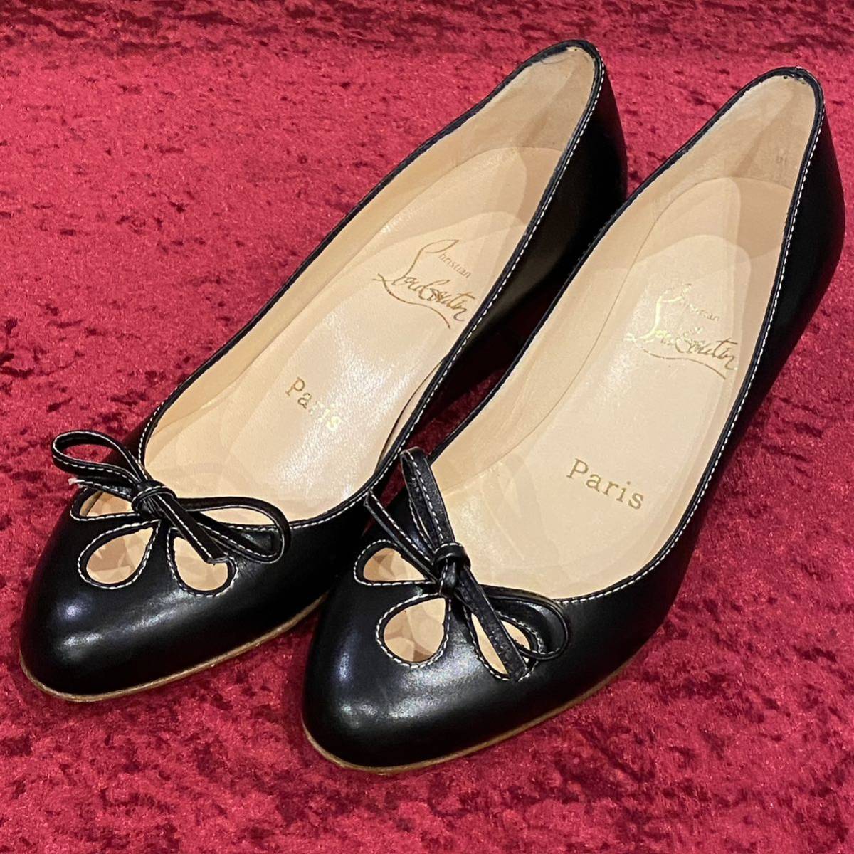 美品 Louboutin クリスチャンルブタン レザー リボン ヒール パンプス 靴拍卖