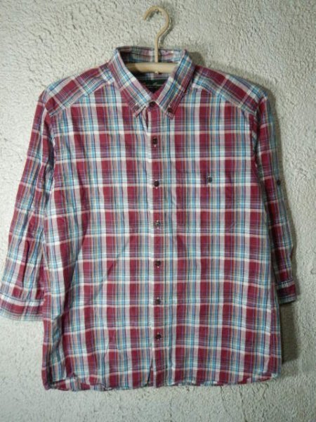 to6863 Eddie Bauer エディー バウアー 7分袖 チェック デザイン ボタンダウン シャツ 腕まくりボタン付き BDシャツ 人気拍卖