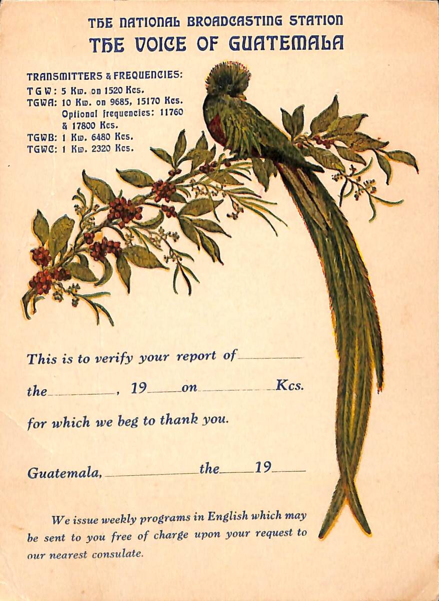 BCL★入手困難★ベリカード★TGW・グアテマラの声★LA VOZ DE GUATEMALA★中米★1940年代?拍卖