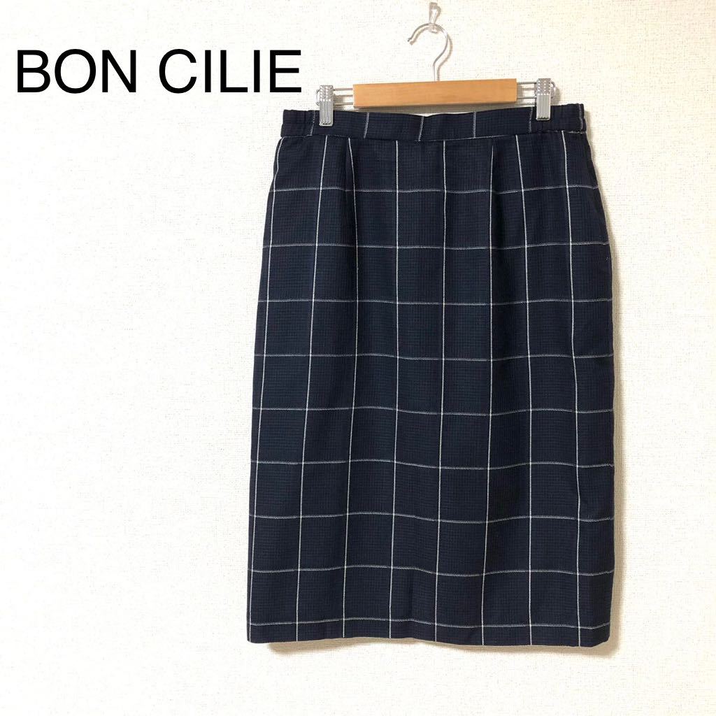 BON CILIE ボンシリエ チェック柄 ひざ丈 スカート ウール混 XL拍卖