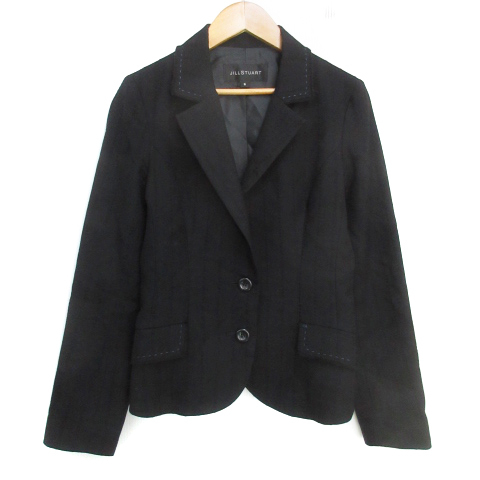 ジルスチュアート テーラードジャケット ミドル丈 ウール 総裏地 シングルボタン ストライプ柄 S 黒 青 ブラック ブルー /FF32 レディース拍卖
