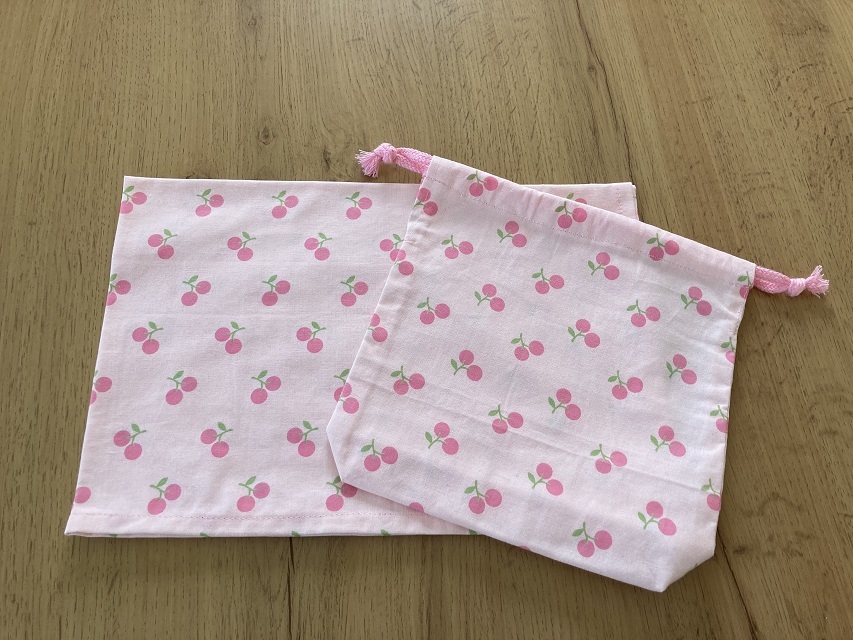 ハンドメイド☆学校ランチョンマット・給食袋・40×60センチ(3)☆入学準備・新学期・ピンク・さくらんぼ拍卖
