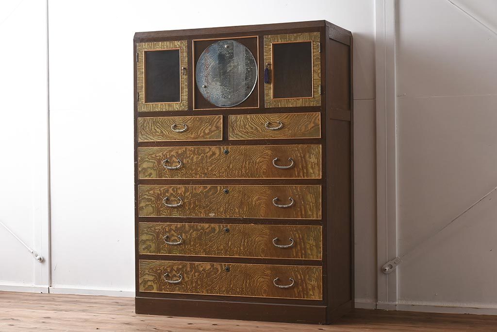 R-040016 レトロ家具 力強い木目が印象的な鏡付きの衣装タンス(チェスト)(R-040016)拍卖