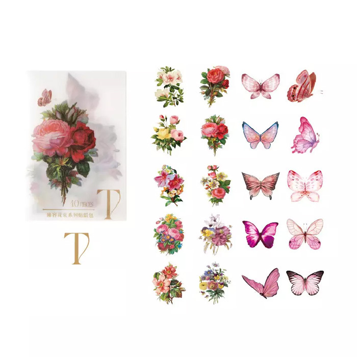 40枚 シール 花 透明 蝶 防水 おしゃれ アンティーク ビンテージ デコステッカー アンティーク調 コラージュ レトロ 1078-3拍卖
