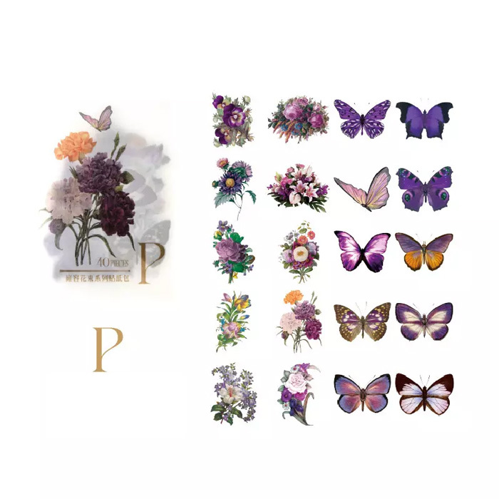 40枚 シール 花 透明 蝶 防水 おしゃれ アンティーク ビンテージ デコステッカー アンティーク調 コラージュ レトロ 1078-7拍卖