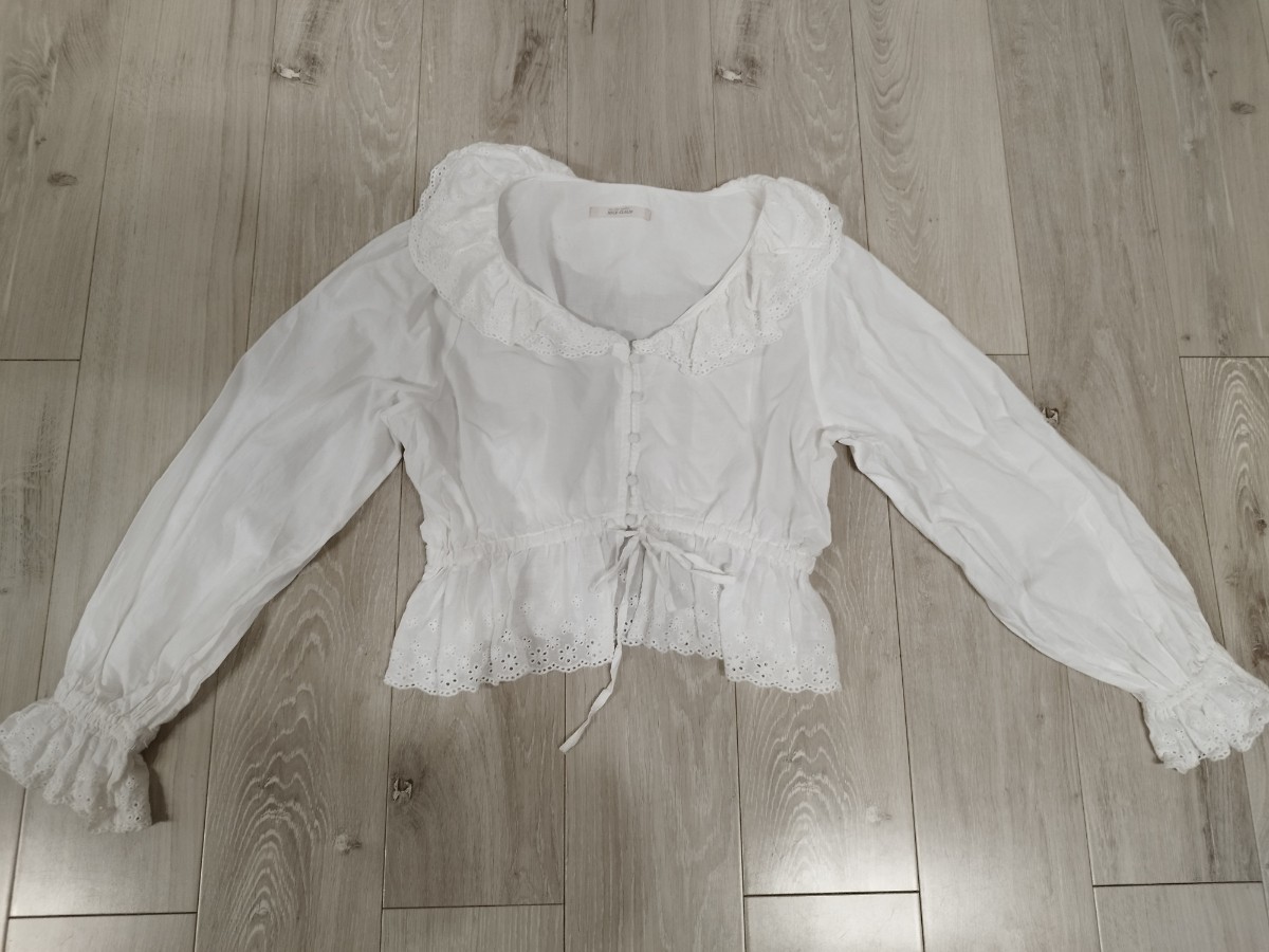 匿名配送】ナイスクラップ コットンレース襟 ボレロ パフスリーブシャツ 白 長袖 フリルブラウス拍卖