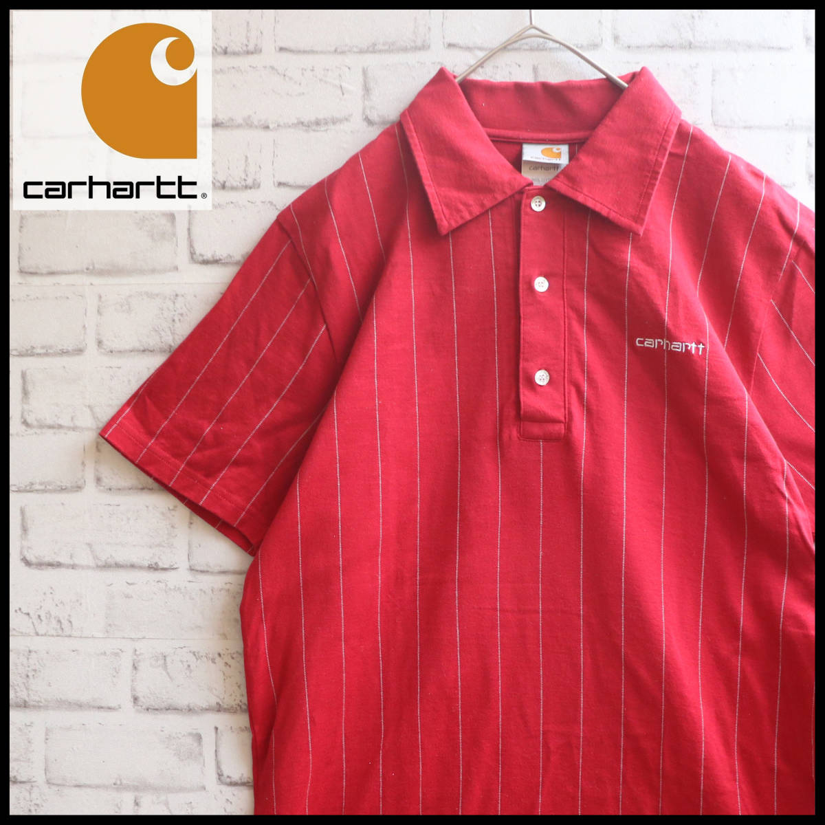 【USED】 カーハート Carhartt コットン ストラッイプ柄 半袖シャツ アメカジ ストリート 90s USA 古着 レッド (Mサイズ) ☆送料無料☆拍卖
