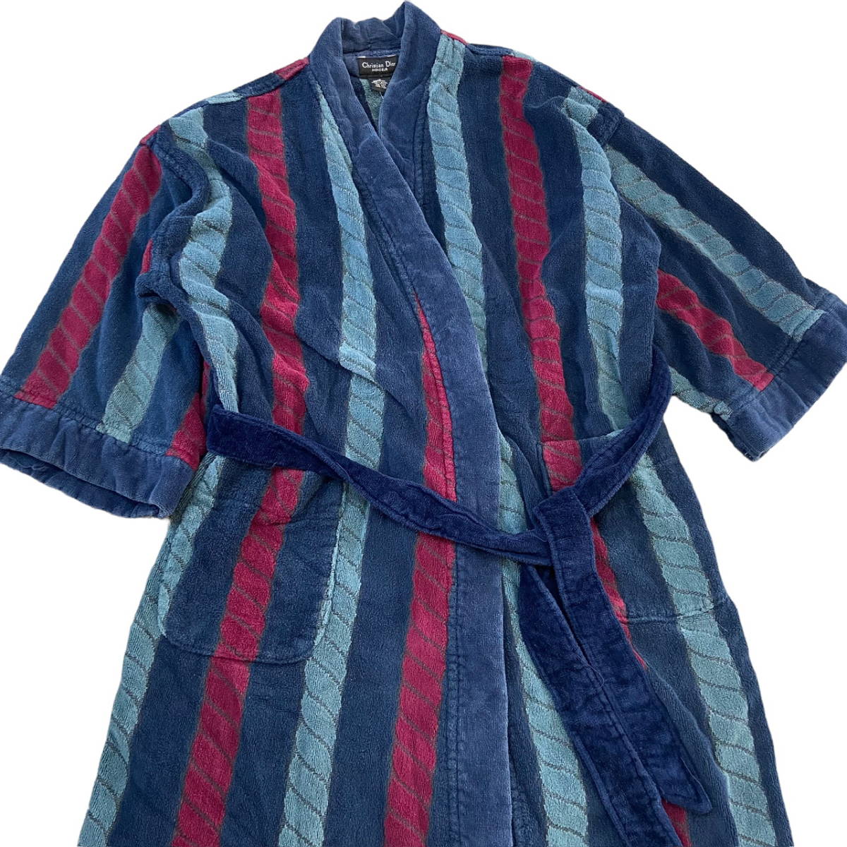 80s Christian Dior MONSIEUR パイル バスローブ ガウン ONE SIZE ストライプ コート ロング丈 クリスチャン ディオール ヴィンテージ拍卖