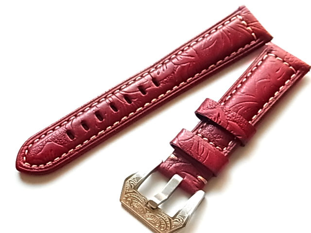 本革 カービング 彫刻バックル 高級ストラップ ボルドー系 20mm 17CARV27拍卖