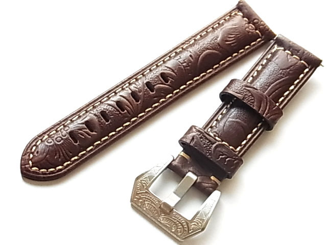 本革 カービング 彫刻バックル 高級ストラップ ダークブラウン 20mm 17CARV27拍卖