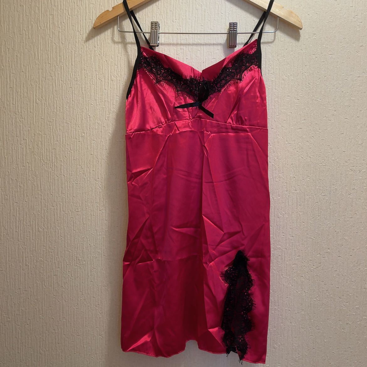 新品★ピンク地ブラックレース付セクシースリップ★ベビードール★コスプレ衣装★L拍卖