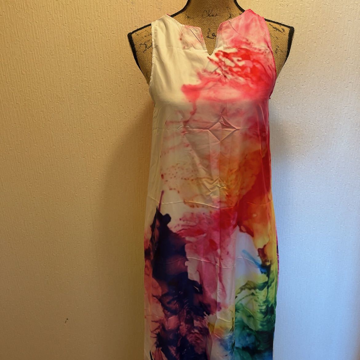 新品★ホワイト★カラフル★マーブル柄★総柄★マキシワンピース★ホーミングウェアM拍卖