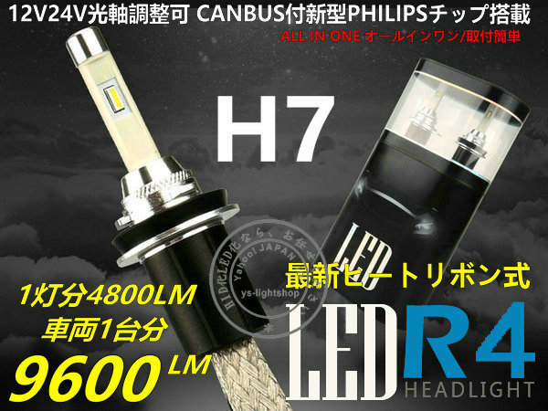 【CANBUS付】PHILIPSチップR4新型両面発光 ヒートリボン式LEDヘッドライト/フォグ12V/24V H7 大光量合計9600LM 6000K拍卖