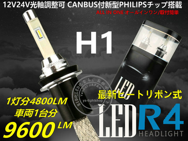 【CANBUS付】PHILIPSチップR4新型両面発光 ヒートリボン式 LEDヘッドライト/フォグ12V/24V H1 大光量合計9600LM 6000K拍卖