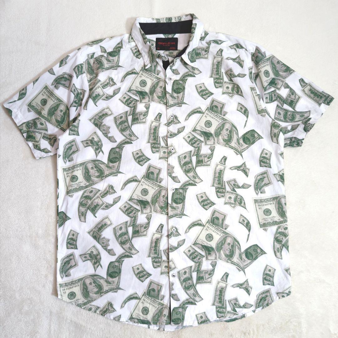 USA古着 Pacific Flyer 紙幣モチーフ総柄 シャツ 半袖 表記XL 実質2XL 白&オリーブグリーン インド製 金66456拍卖
