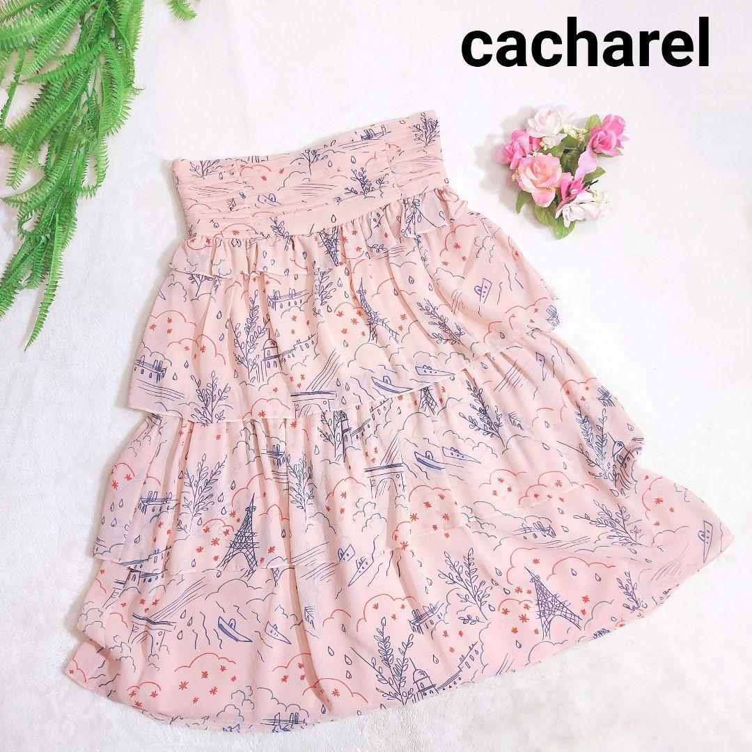 cacharel シルク素材 イラスト総柄 ティアードスカート薄ピンク 表記サイズ36 S.Mサイズ相当 絹 80828拍卖