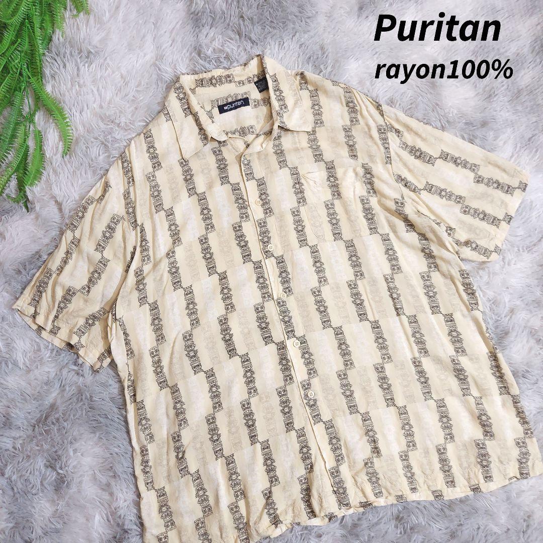 Puritan レーヨン100% トーテムポール総柄シャツ半袖 表記XL 大きいサイズ アメリカ古着 クリーム&黒&白81354拍卖