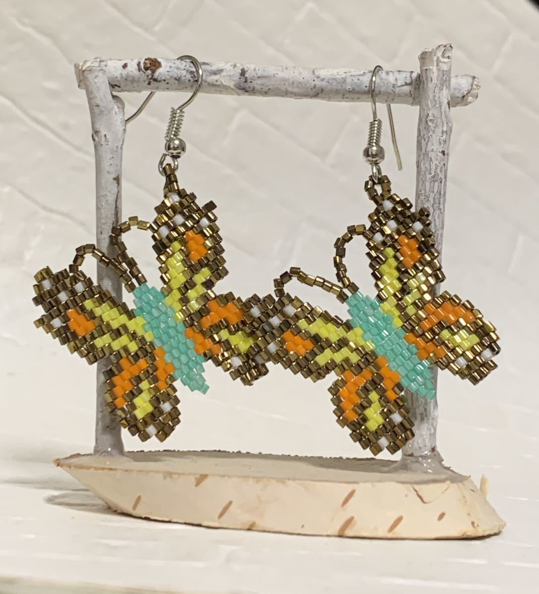 インディアンジュエリー ビーズワーク バタフライ ビーズピアス ネイティブアメリカン ハンドメイドピアス ナバホ インディアンG拍卖