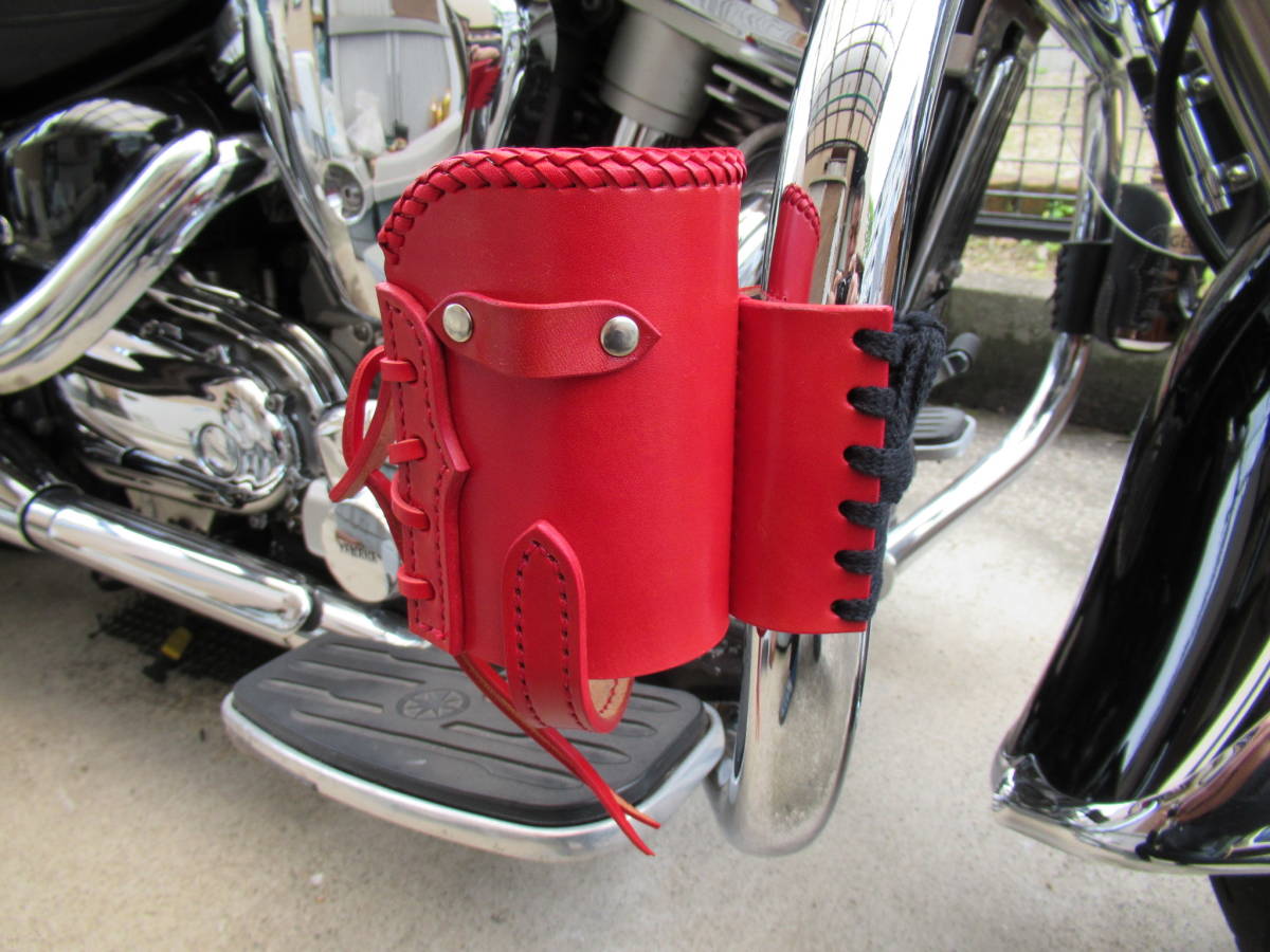 特別カラー 栃木レザー製 ドリンクホルダー レッド ハーレー アメリカン バイク拍卖