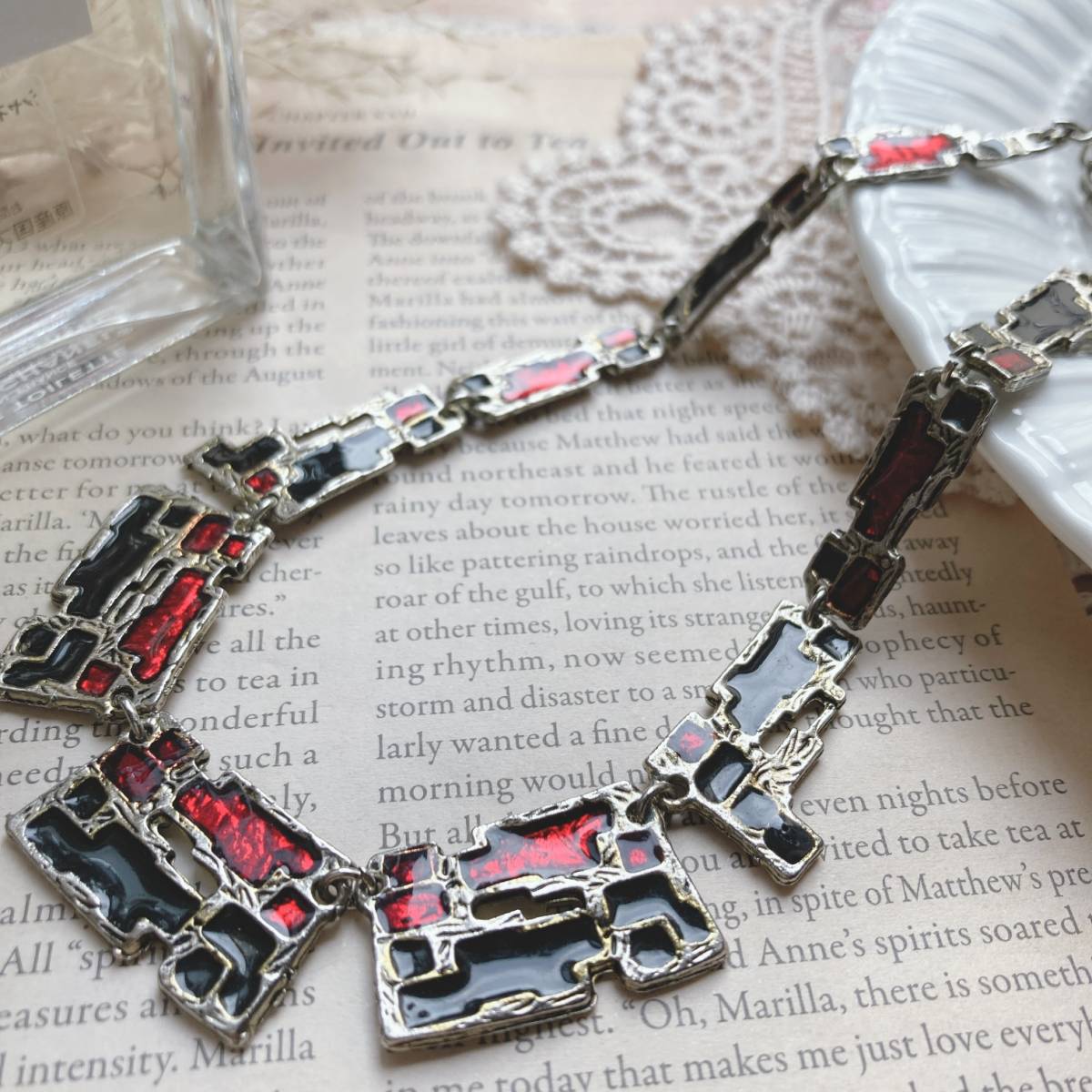 ヴィンテージネックレス 黒×赤 シルバー エナメル vintage gold orange black enamel necklace☆Vintage jewelry accessories A575拍卖