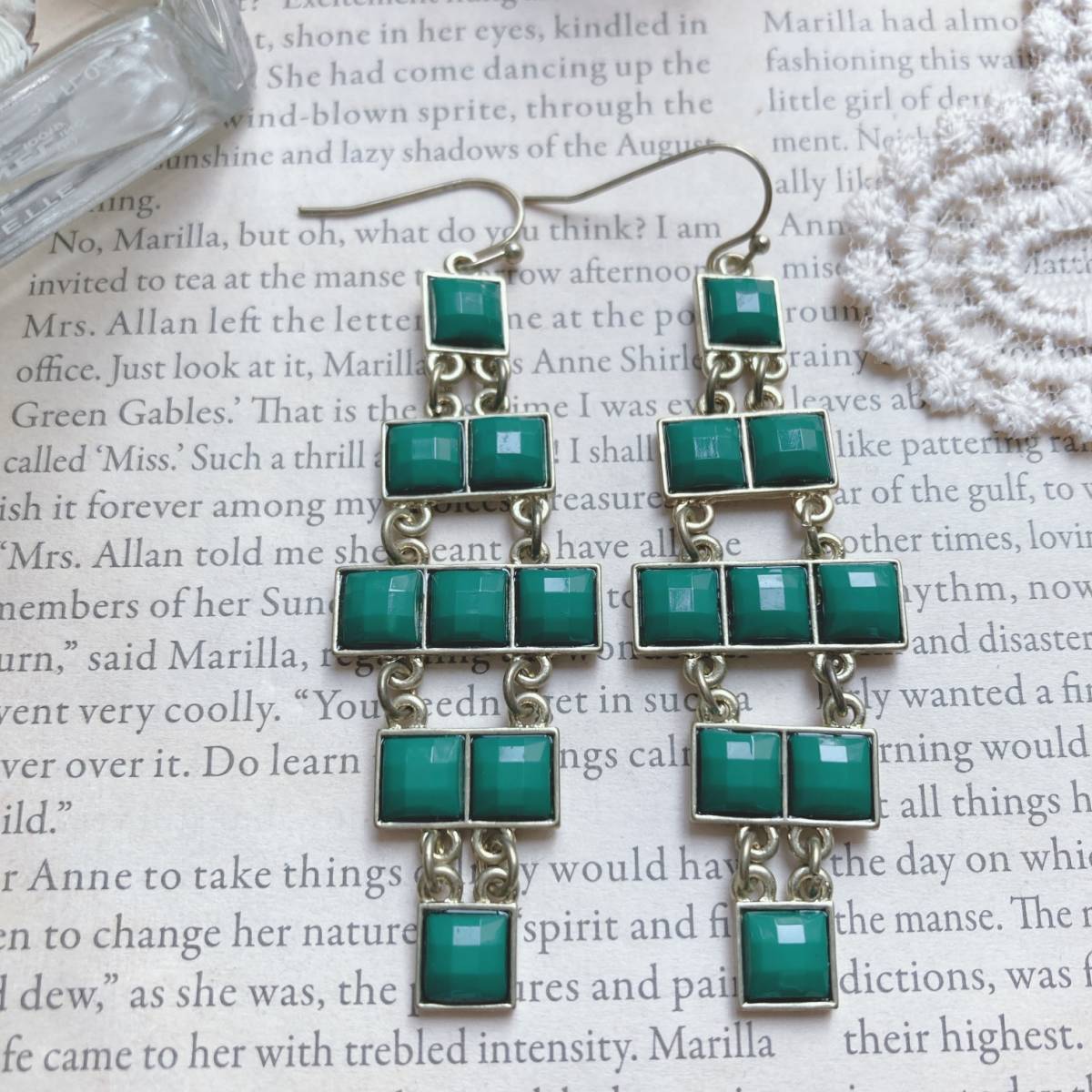 ラージモザイクドロップピアス グリーン ゴールド 未使用品 KOREA☆Vintage jewelry accessories A588拍卖