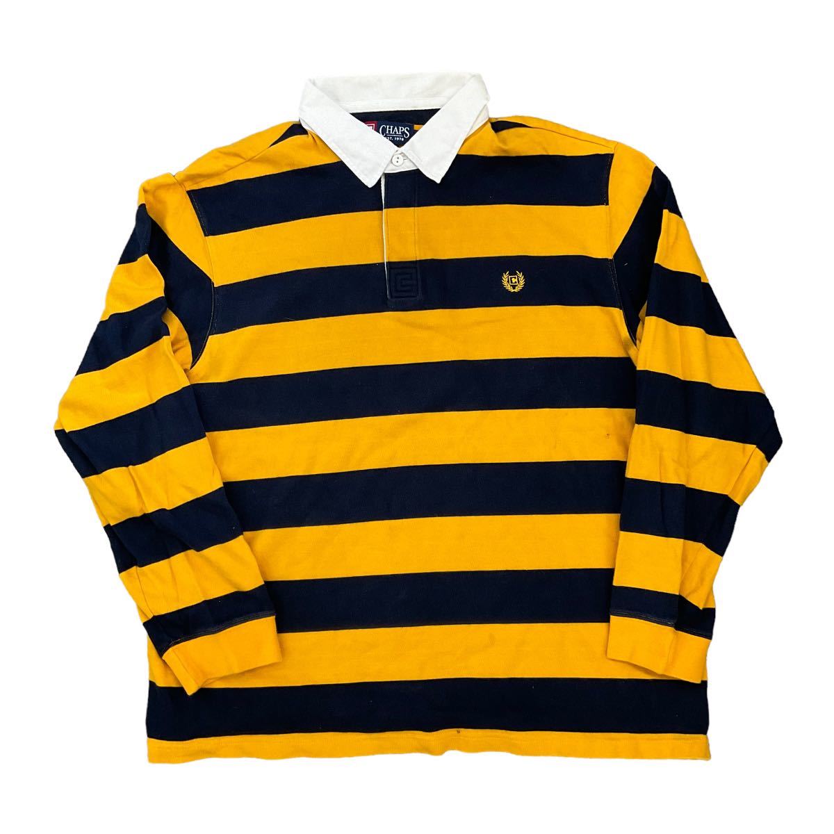 90s CHAPS 長袖 ポロシャツ XL イエロー×ネイビー ボーダー柄 ラガーシャツ ワンポイント ロゴ刺繍 チャプス ラルフローレンRALPH LAUREN拍卖