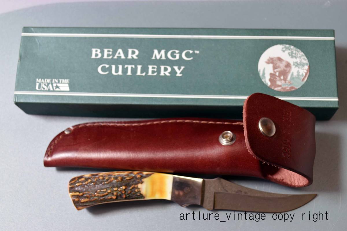 VINTAGE KNIFE BEAR MGC 575D ダマスカス 7 3/4INCH HUNTER 年代刻印参照 USA MADE 鹿角 蒐集 コレクターアイテム ナイフ (y1661)拍卖