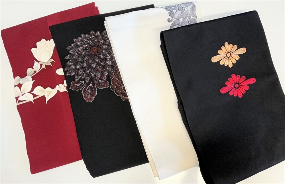 花とら●リサイクル帯 名古屋帯 まとめて4本 塩瀬 黒地 お召 菊 菊菱 刺繍 リメイク カジュアル 230831拍卖