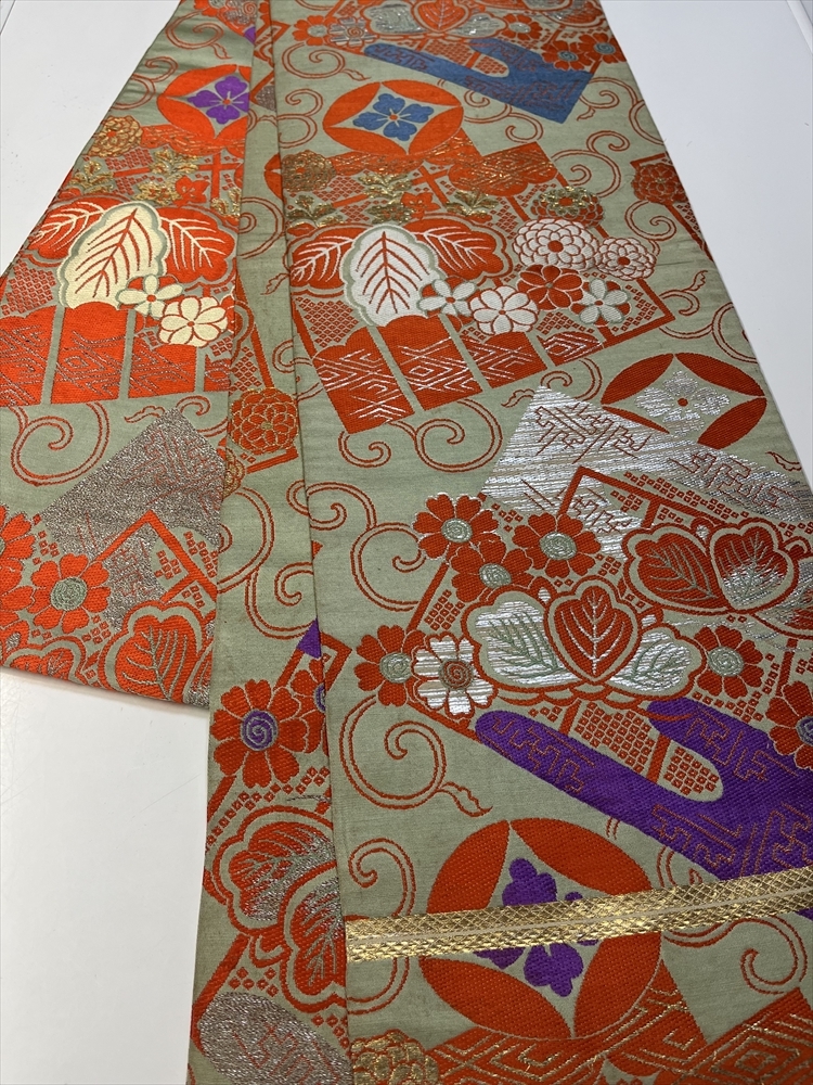 花とら●アンティーク帯 子供用 丸帯 源氏香 唐草 リメイク 素材 薄灰緑 230903拍卖