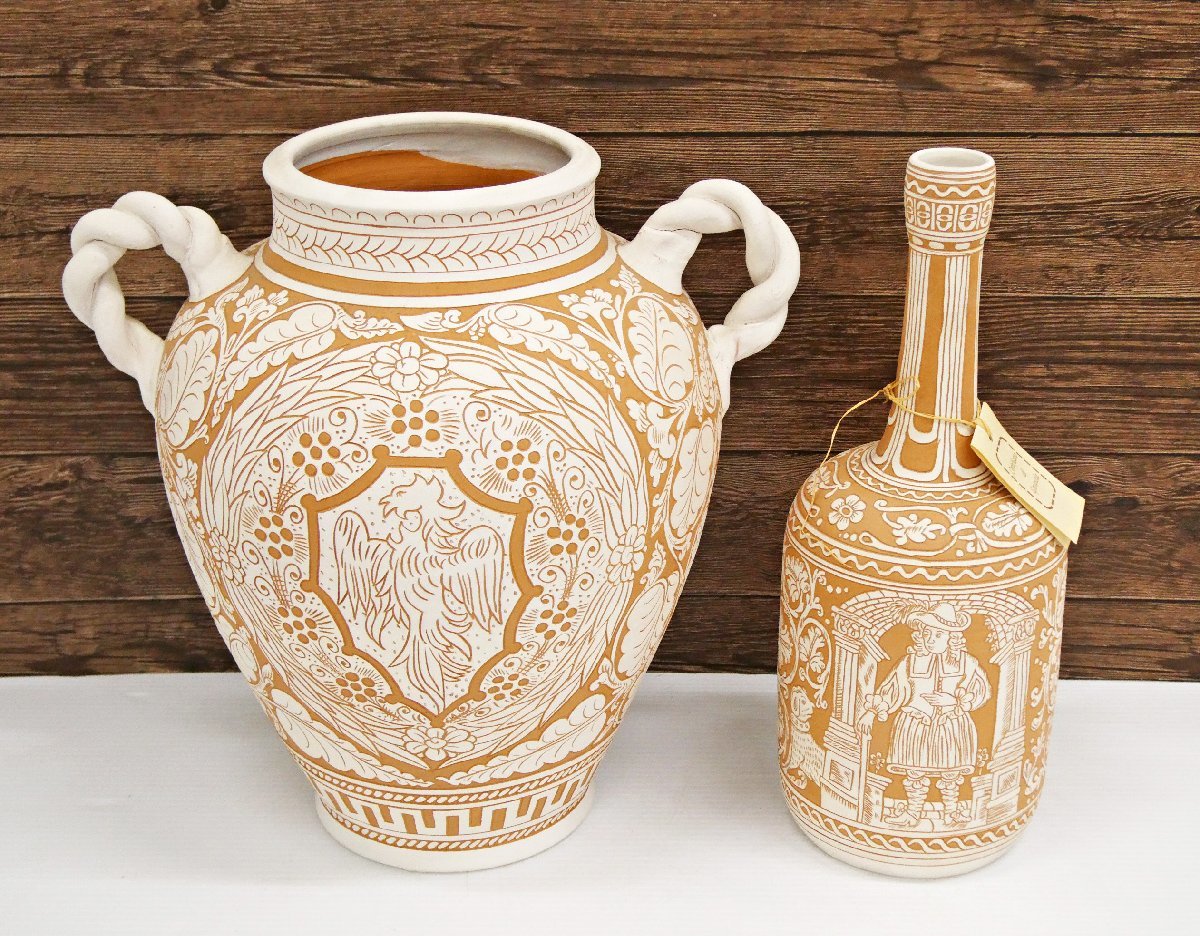 ○ B) ITALIA製 花瓶 2点セット!! 飾り壺 一輪挿し 花びん 花器 彫刻 粘土 陶器 素焼き HANDMADE フラワーベース FLOWER VASE拍卖