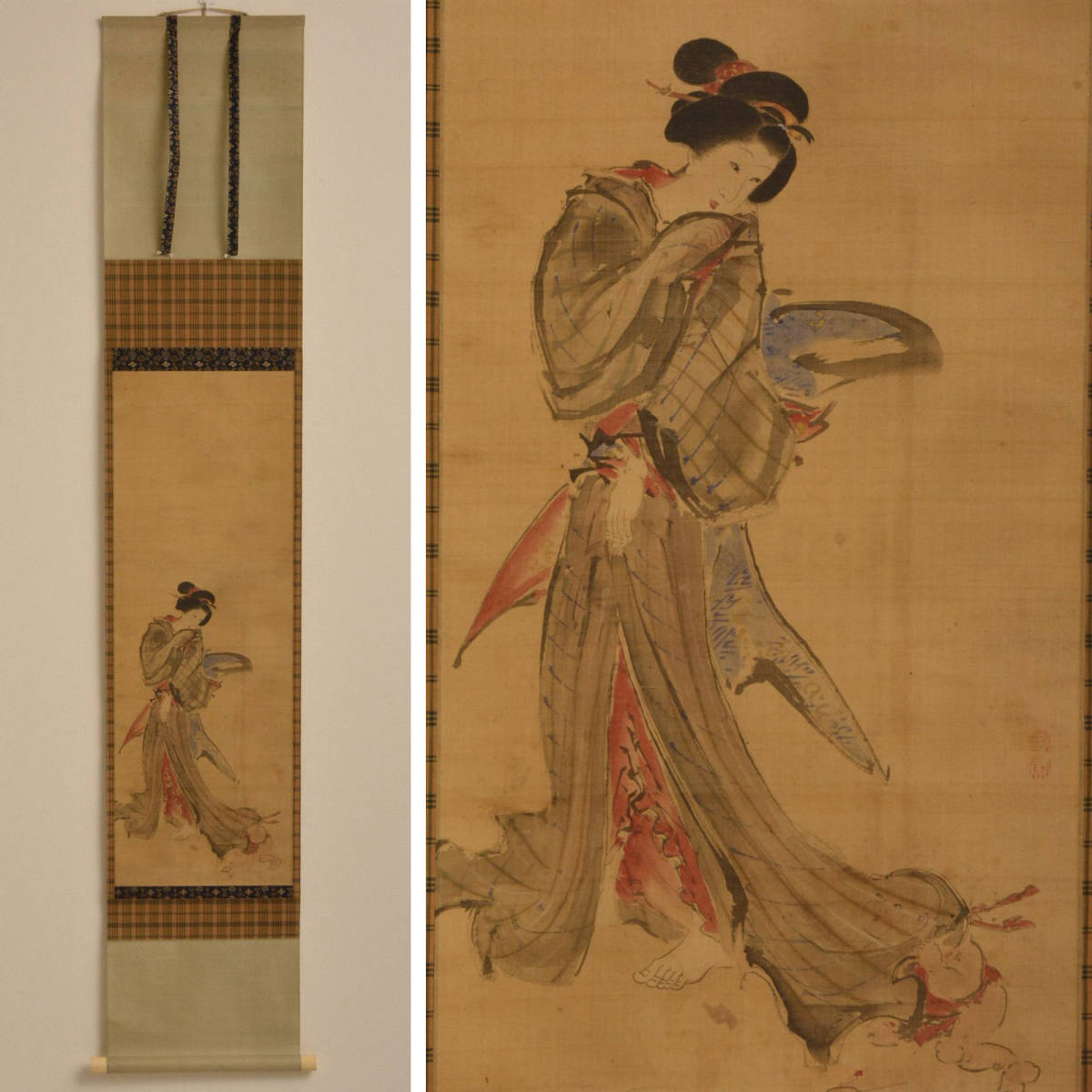 B13286 女性と童図 掛軸:真作拍卖