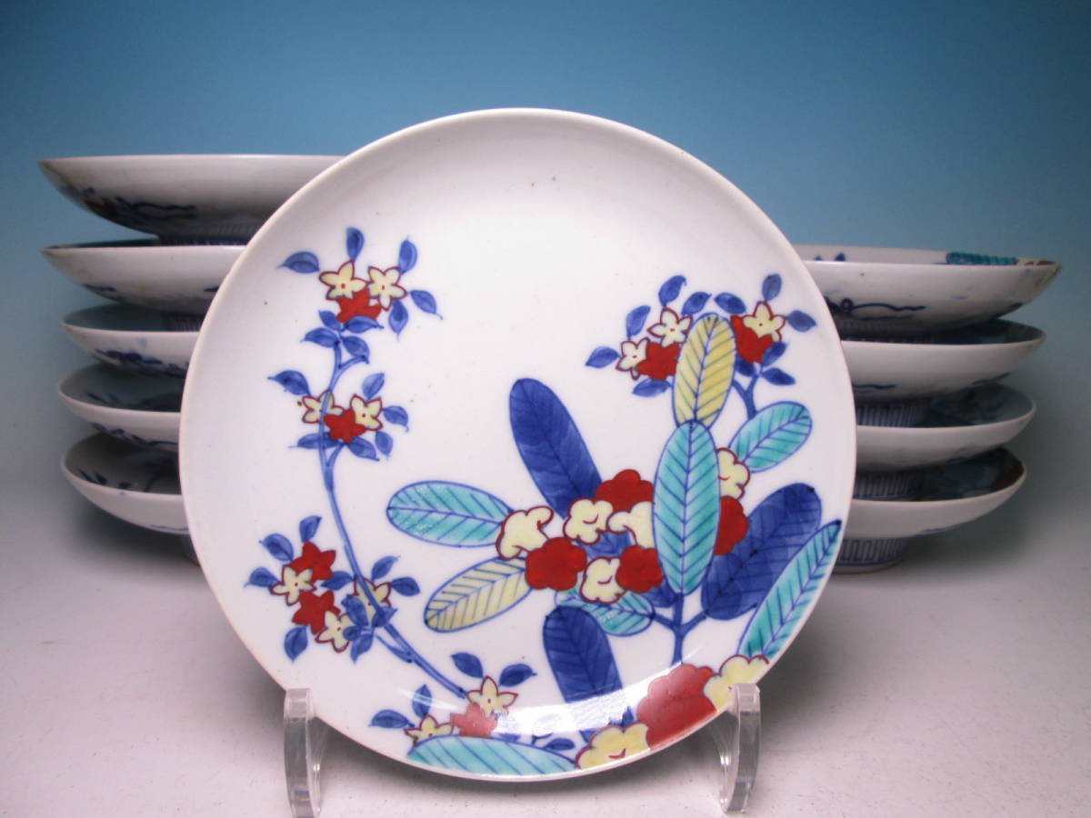 ☆お料理屋さんの器 鍋島写し 色絵琵琶花文の台皿 15.3cm 10枚 木箱付 1枚傷 懐石/割烹料理拍卖