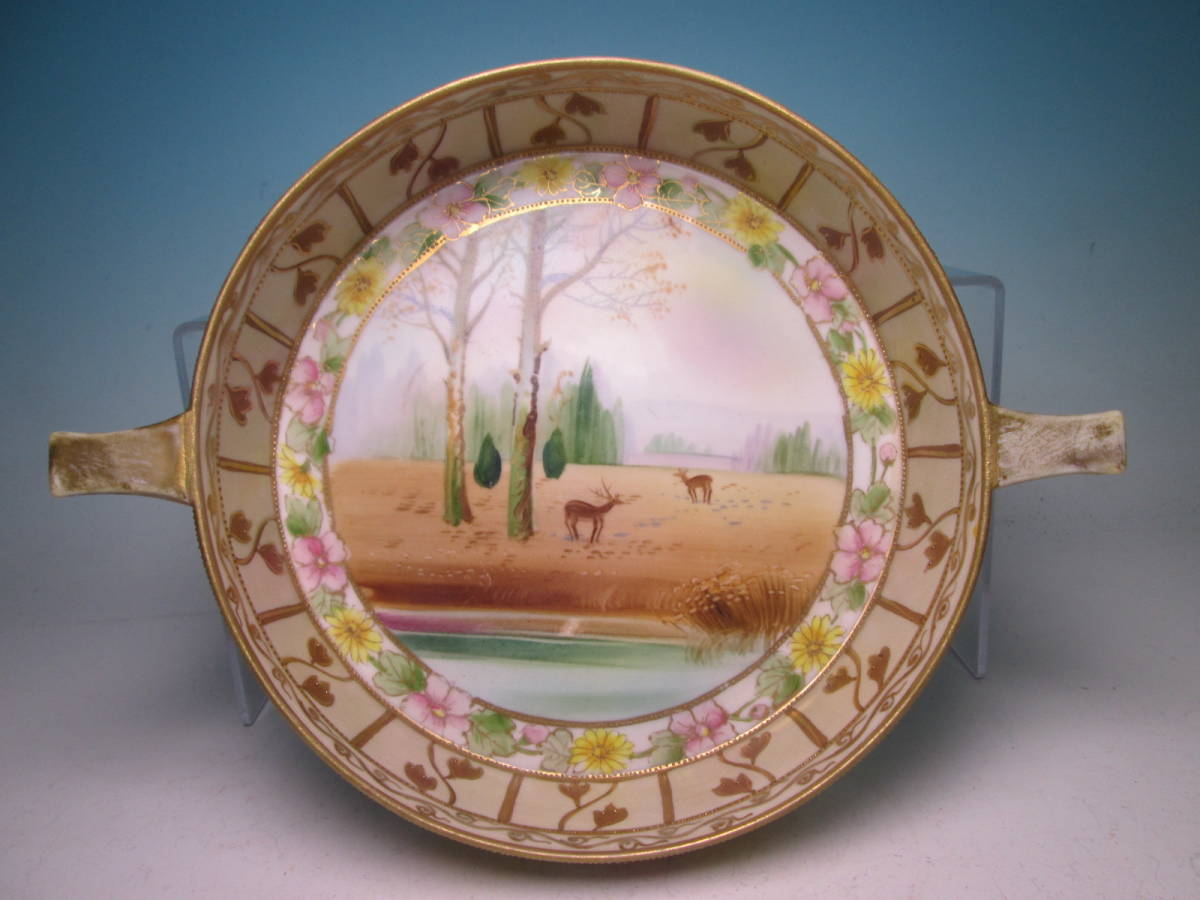 ☆西洋アンティーク・オールドノリタケ 手描き 金彩鹿と木立風景文 両手付 サラダボウル NORITAKE Mマーク拍卖