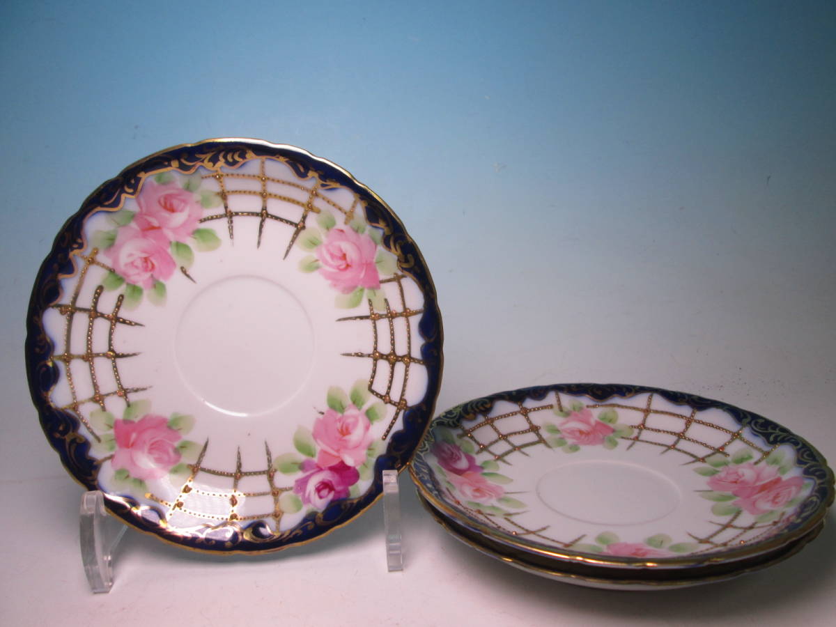 ☆アンティーク・オールドジャパン 1910年 金彩手描き ピンク薔薇の花文 ソーサー 3枚拍卖