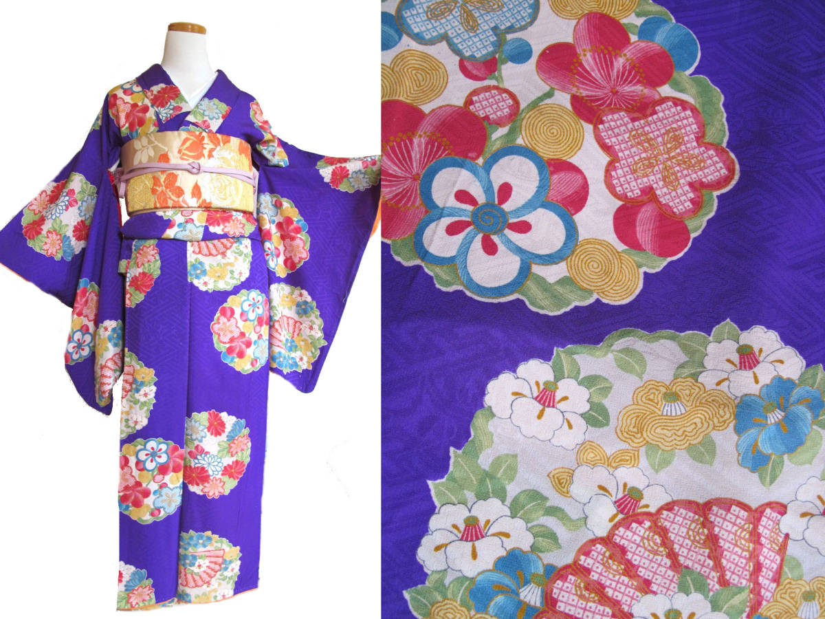 華やか カラフル花丸紋 アンティーク紋錦紗着物拍卖