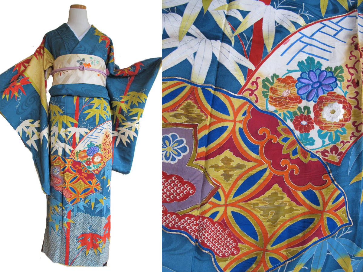 山岳に竹笹 刺繍 アンティーク訪問着 紋錦紗 青緑 身丈160㎝代 三つ紋拍卖