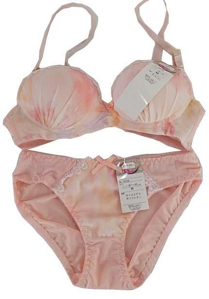 SI3924◇新品 ブラジャーショーツセット Mサイズ ノンワイヤー ぼかしプリント カップ上レース ショーツ縁取りレース ピンク 送料350円拍卖