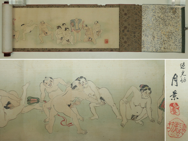 珍品【肉筆】鳥羽絵【相撲図】◆絹本◆合箱◆巻物 v11248拍卖