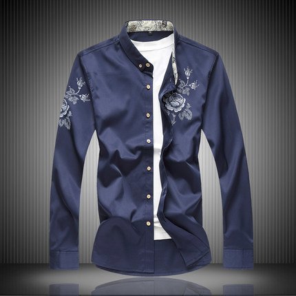 cjx1000★春秋新品★メンズ シャツ 長袖 シャツ カジュアルシャツ 花柄 アウター スリム 大きいサイズあり ネイビー M~6XL拍卖