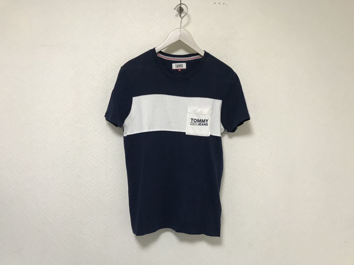本物トミージーンズTOMMY JEANSコットンポケットプリント半袖Tシャツメンズサーフアメカジミリタリービジネス紺ネイビーS拍卖