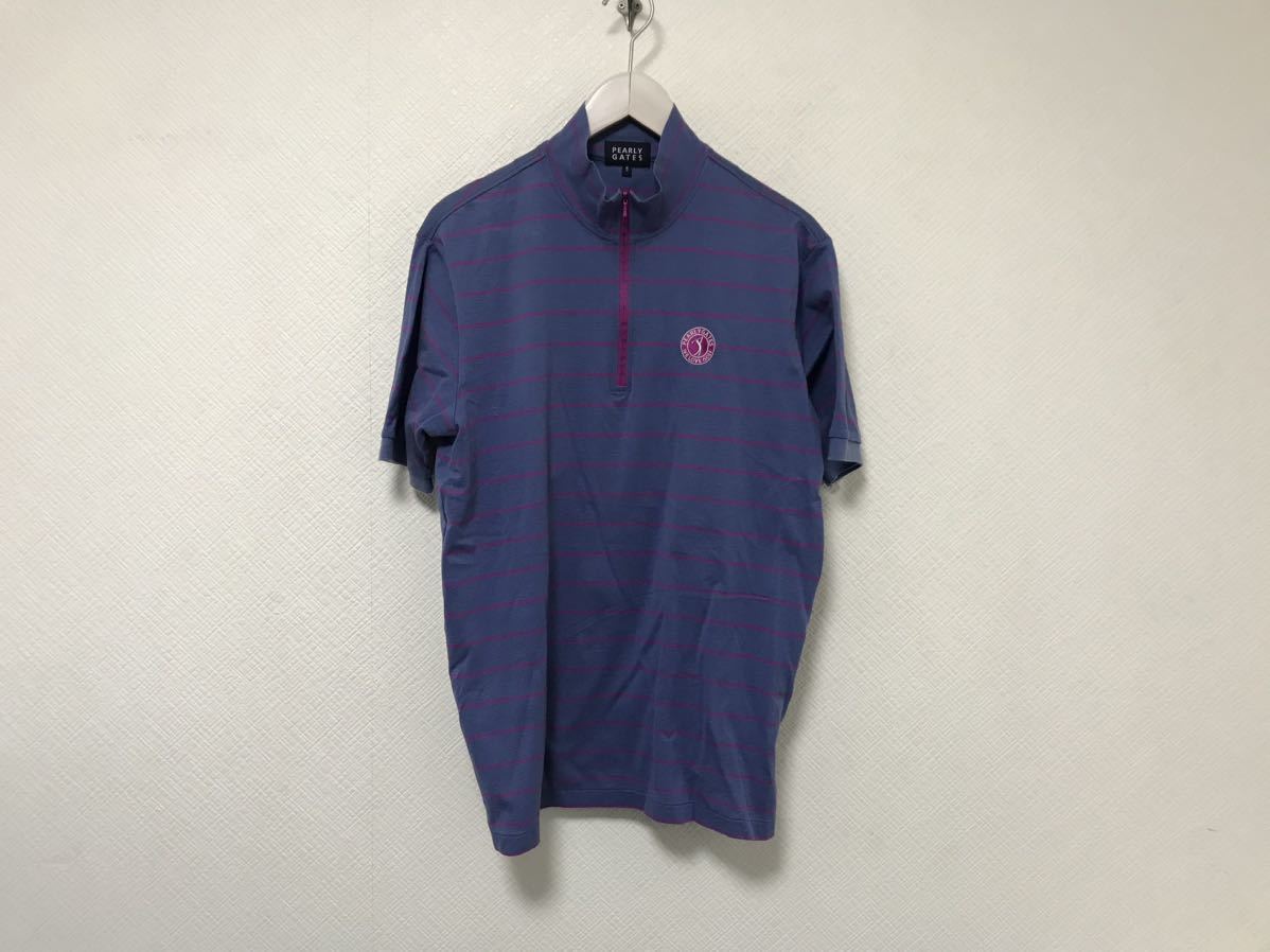 本物パーリーゲイツPEARLY GATESコットンハーフジップ半袖Tシャツメンズサーフアメカジミリタリービジネススーツゴルフ5紫パープルL日本製拍卖