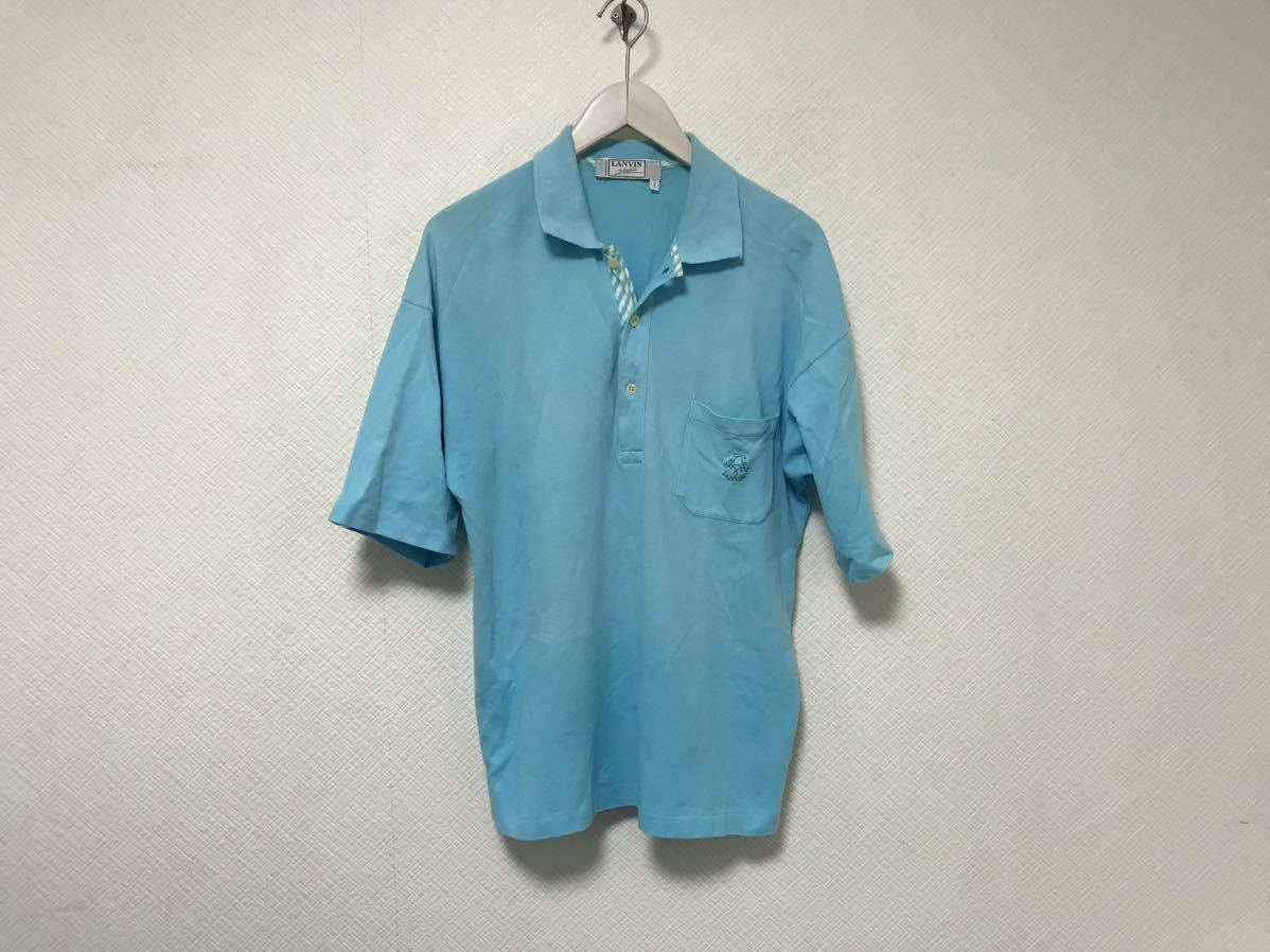 本物ランバンスタジオLANVIN Studioロゴ刺繍半袖ポロシャツメンズアメカジサーフミリタリーワークビジネススーツブルー青Sイタリア製ゴルフ拍卖